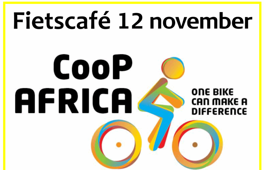 Fietscafé 12 november CooP Africa Met een grafische afbeelding van een kleurrijk fietsje met berijder