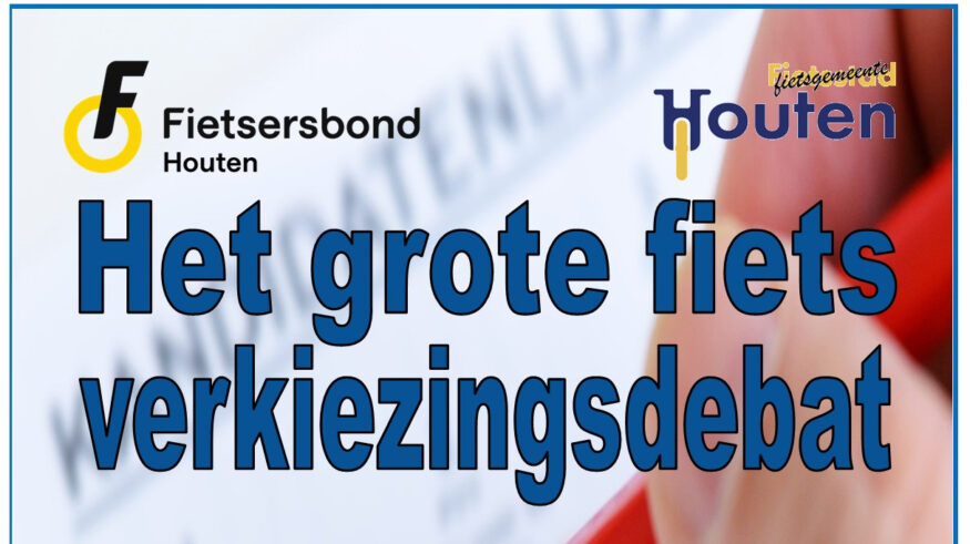Tekst: 'Het grote fietsverkiezingsdebat' met op de achtergrond een hand met een stempotlood.