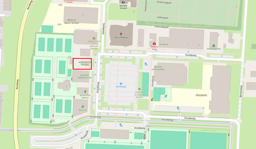 Kaartje van Kruisboog met rode rechthoek op plek van clubgebouw WTC. (Vanaf het fietspad onder de rondweg linksaf, het vierde gebouw)